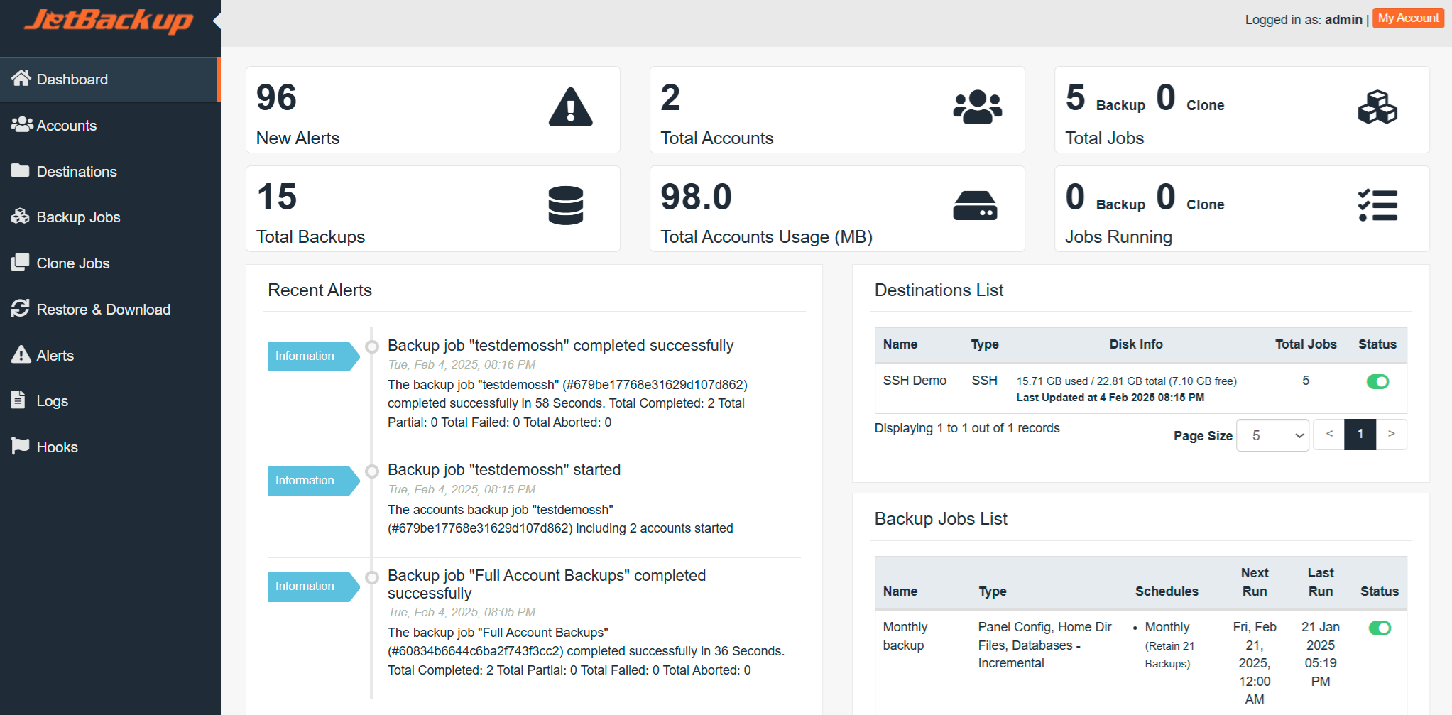 Tampilan dashboard JetBackup